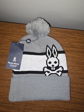 Psycho Bunny Gray Knit Pom Beanie with Black & White Logo